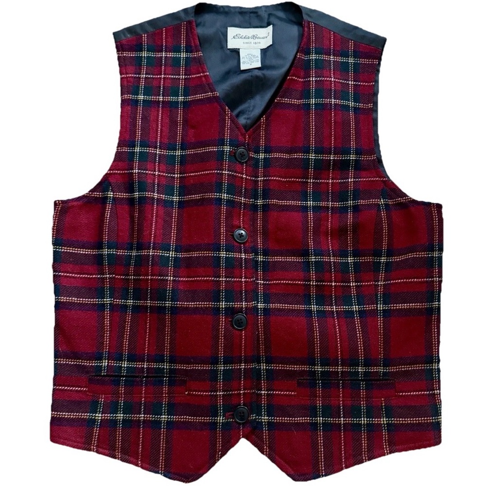 Vintage Eddie Bauer Women S Red Wool Tartan Plaid Button Vest Waistcoat Lined‎